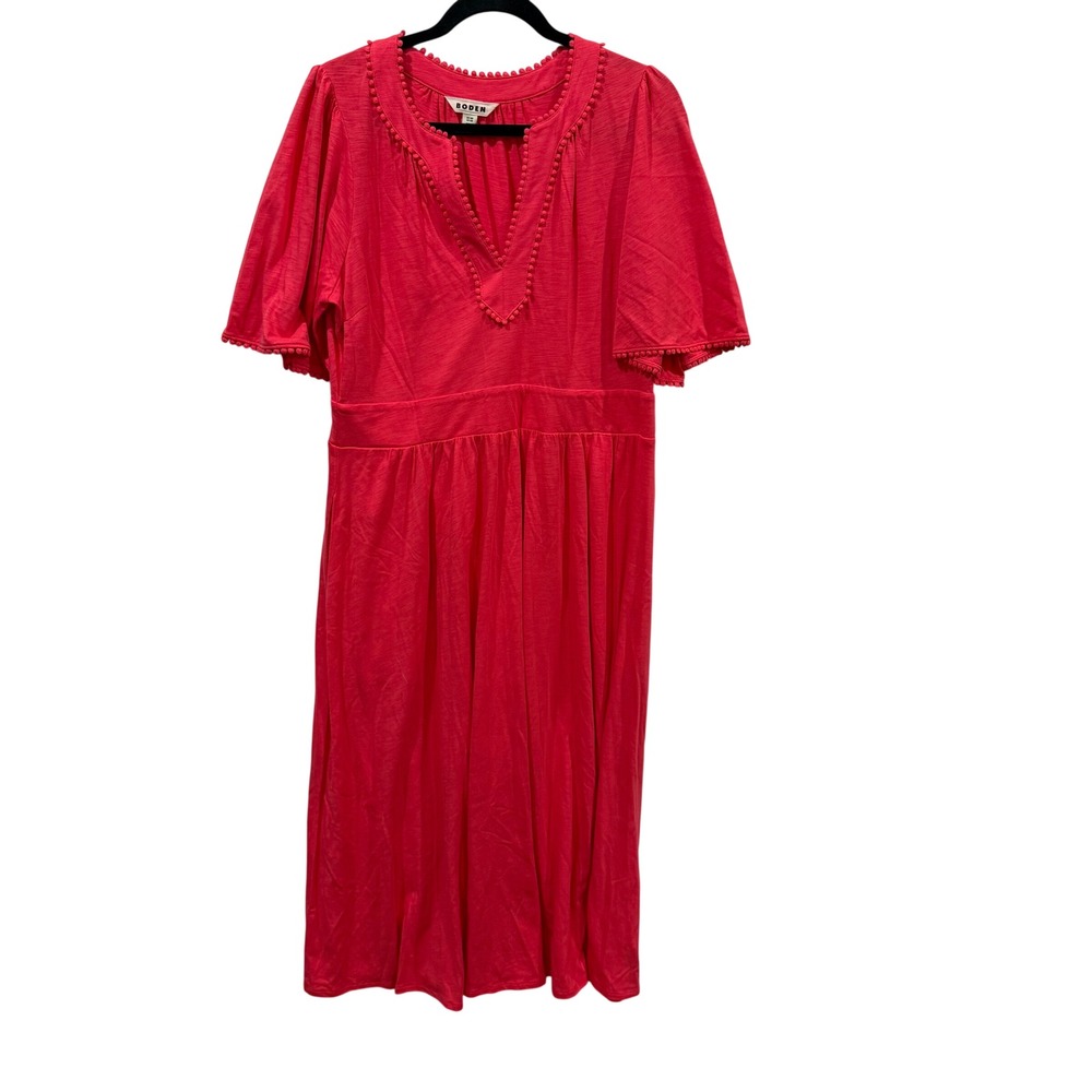 Boden Maddie Trim Jersey Dress Red Cotton Modal Pom Pom Midi Pockets 12R D1243